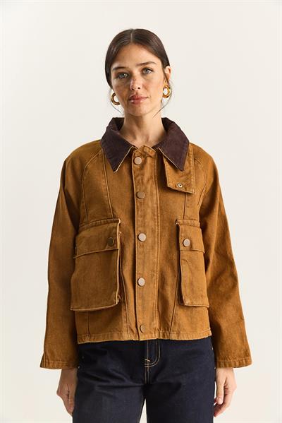 Kadın Kontrast Kadife Yaka Detaylı Büyük Cepli Gabardin Oversize Denim Ceket 6051 60283862 - Camel