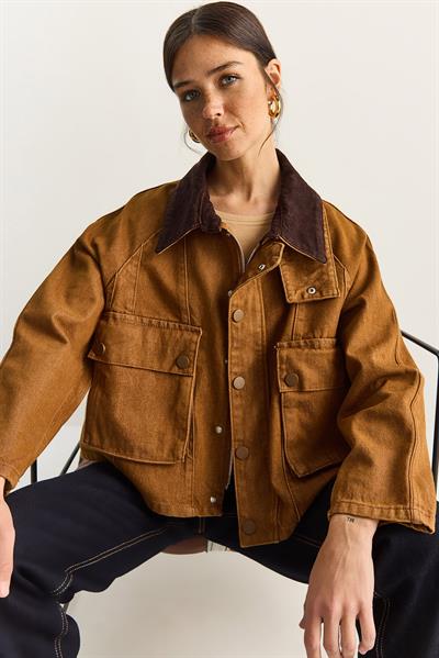 Kadın Kontrast Kadife Yaka Detaylı Büyük Cepli Gabardin Oversize Denim Ceket 6051 60283862 - Camel