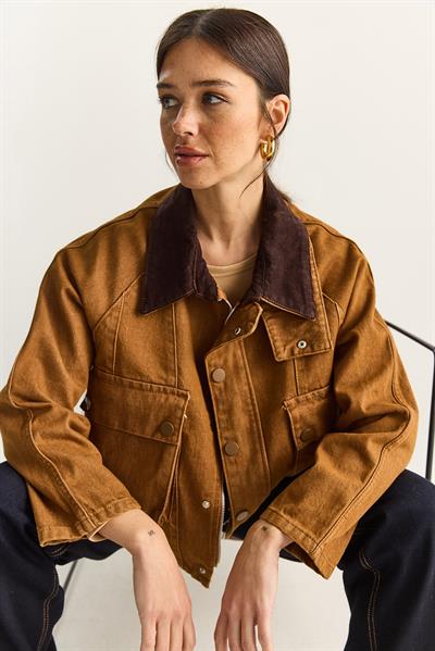 Kadın Kontrast Kadife Yaka Detaylı Büyük Cepli Gabardin Oversize Denim Ceket 6051 60283862 - Camel