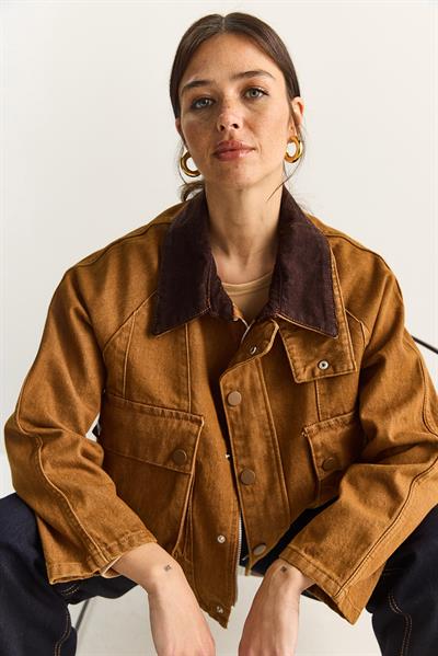 Kadın Kontrast Kadife Yaka Detaylı Büyük Cepli Gabardin Oversize Denim Ceket 6051 60283862 - Camel