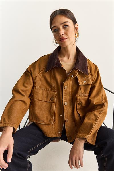 Kadın Kontrast Kadife Yaka Detaylı Büyük Cepli Gabardin Oversize Denim Ceket 6051 60283862 - Camel