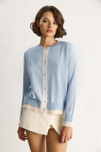 Kadın Kontrast Renkli Bisiklet Yaka Önü Düğme Kapamalı Hırka TH251035 60283540 - Bebe Mavisi