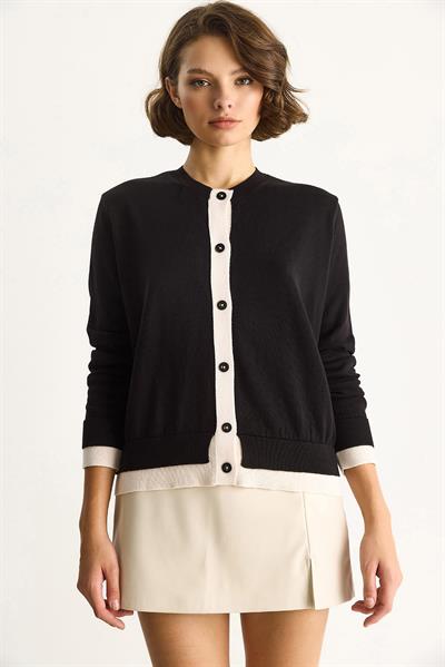 Kadın Kontrast Renkli Bisiklet Yaka Önü Düğme Kapamalı Hırka TH251035 60283540 - Siyah