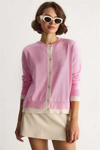 Kadın Kontrast Renkli Bisiklet Yaka Önü Düğme Kapamalı Hırka TH251035 60283540 - Pembe