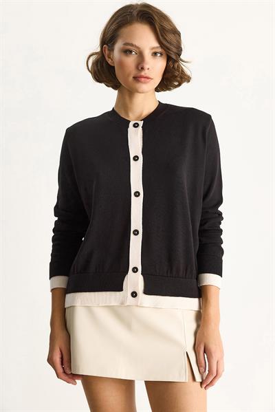 Kadın Kontrast Renkli Bisiklet Yaka Önü Düğme Kapamalı Hırka TH251035 60283540 - Siyah