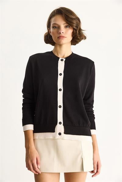 Kadın Kontrast Renkli Bisiklet Yaka Önü Düğme Kapamalı Hırka TH251035 60283540 - Siyah