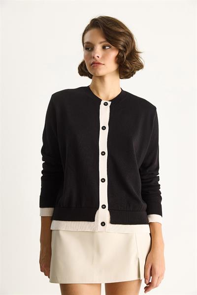 Kadın Kontrast Renkli Bisiklet Yaka Önü Düğme Kapamalı Hırka TH251035 60283540 - Siyah