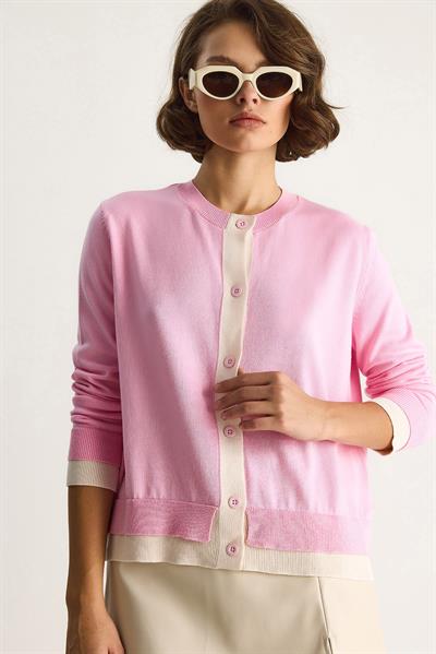 Kadın Kontrast Renkli Bisiklet Yaka Önü Düğme Kapamalı Hırka TH251035 60283540 - Pembe
