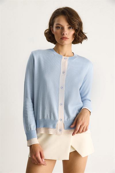 Kadın Kontrast Renkli Bisiklet Yaka Önü Düğme Kapamalı Hırka TH251035 60283540 - Bebe Mavisi