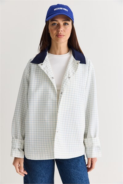 Kadın Kontrast Yaka Ekose Desenli Astarlı Oversize Trençkot M-1 60286563 - Beyaz-Lacivert