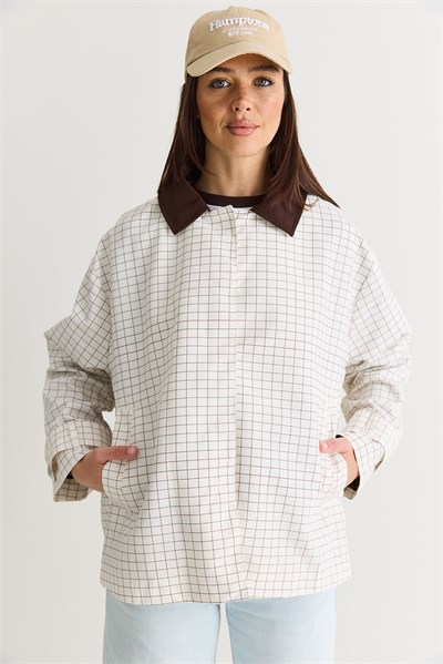 Kadın Kontrast Yaka Ekose Desenli Astarlı Oversize Trençkot M-1 60286563 - Beyaz-Kahve