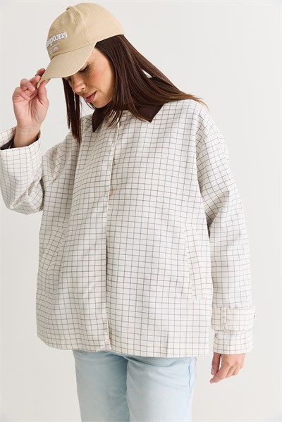 Kadın Kontrast Yaka Ekose Desenli Astarlı Oversize Trençkot M-1 60286563 - Beyaz-Kahve