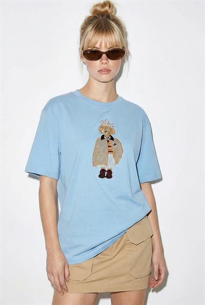 Kadın Köpek Nakışlı Taş İşlemeli Relaxed Fit %100 Pamuk T-Shirt 1077 60286067 - Bebe Mavisi