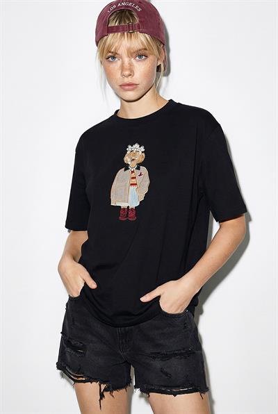 Kadın Köpek Nakışlı Taş İşlemeli Relaxed Fit %100 Pamuk T-Shirt 1077 60286067 - Siyah