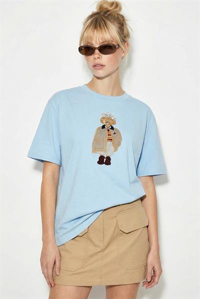 Kadın Köpek Nakışlı Taş İşlemeli Relaxed Fit %100 Pamuk T-Shirt 1077 60286067 - Bebe Mavisi