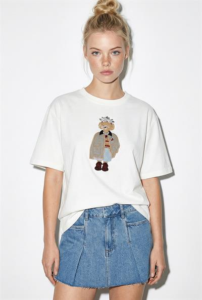 Kadın Köpek Nakışlı Taş İşlemeli Relaxed Fit %100 Pamuk T-Shirt 1077 60286067 - Beyaz