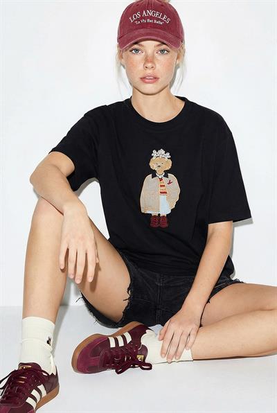 Kadın Köpek Nakışlı Taş İşlemeli Relaxed Fit %100 Pamuk T-Shirt 1077 60286067 - Siyah
