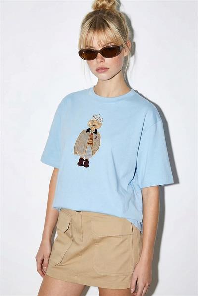 Kadın Köpek Nakışlı Taş İşlemeli Relaxed Fit %100 Pamuk T-Shirt 1077 60286067 - Bebe Mavisi