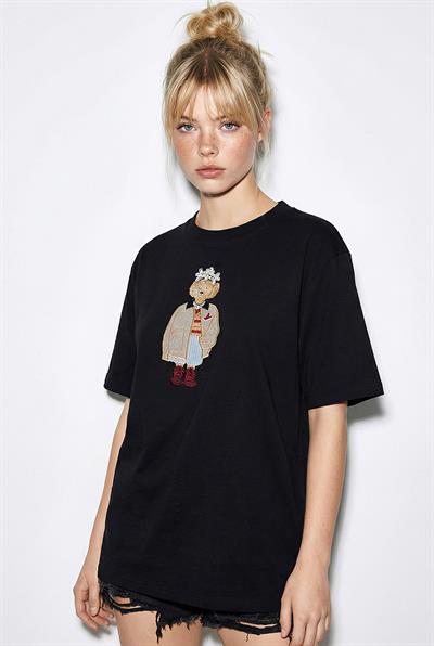 Kadın Köpek Nakışlı Taş İşlemeli Relaxed Fit %100 Pamuk T-Shirt 1077 60286067 - Siyah