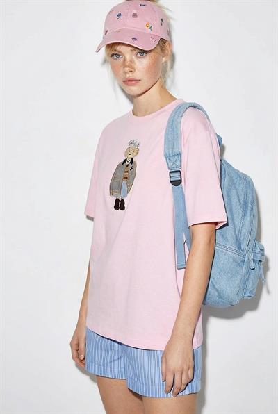 Kadın Köpek Nakışlı Taş İşlemeli Relaxed Fit %100 Pamuk T-Shirt 1077 60286067 - Pembe