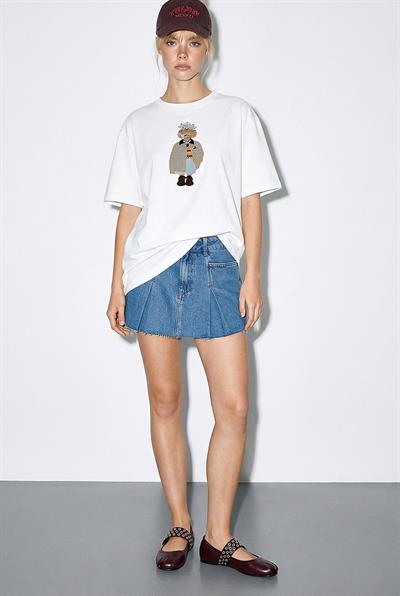 Kadın Köpek Nakışlı Taş İşlemeli Relaxed Fit %100 Pamuk T-Shirt 1077 60286067 - Beyaz