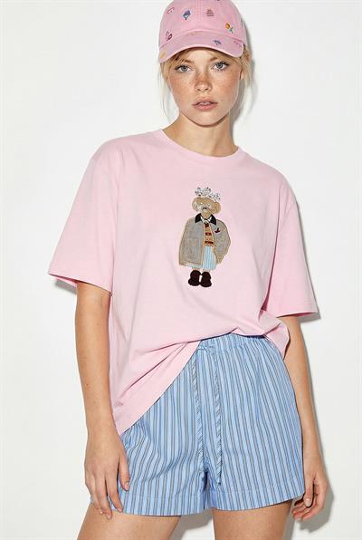 Kadın Köpek Nakışlı Taş İşlemeli Relaxed Fit %100 Pamuk T-Shirt 1077 60286067 - Pembe