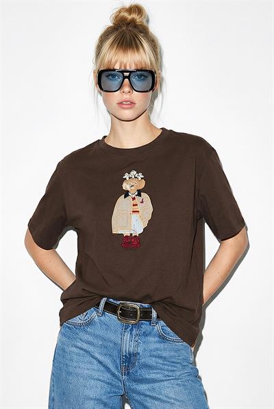 Kadın Köpek Nakışlı Taş İşlemeli Relaxed Fit %100 Pamuk T-Shirt 1077 60286067 - Acı Kahve