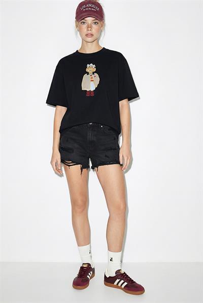 Kadın Köpek Nakışlı Taş İşlemeli Relaxed Fit %100 Pamuk T-Shirt 1077 60286067 - Siyah