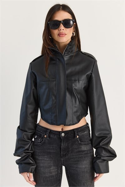 Kadın Korse Detaylı Drape Kollu Crop Suni Deri Ceket 8057 60286527 - Siyah