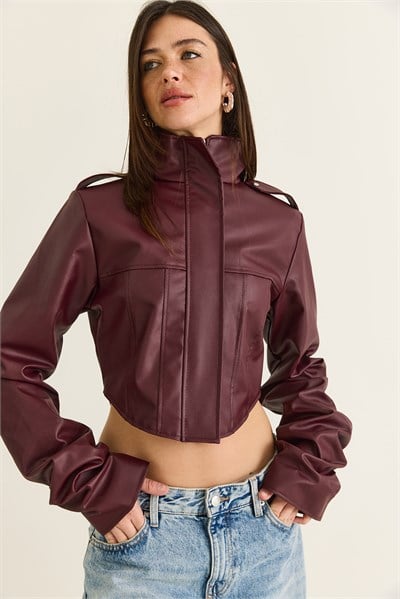 Kadın Korse Detaylı Drape Kollu Crop Suni Deri Ceket 8057 60286527 - Bordo