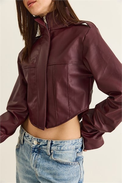 Kadın Korse Detaylı Drape Kollu Crop Suni Deri Ceket 8057 60286527 - Bordo