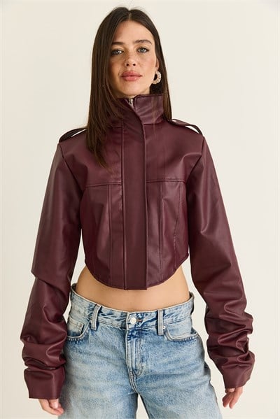Kadın Korse Detaylı Drape Kollu Crop Suni Deri Ceket 8057 60286527 - Bordo