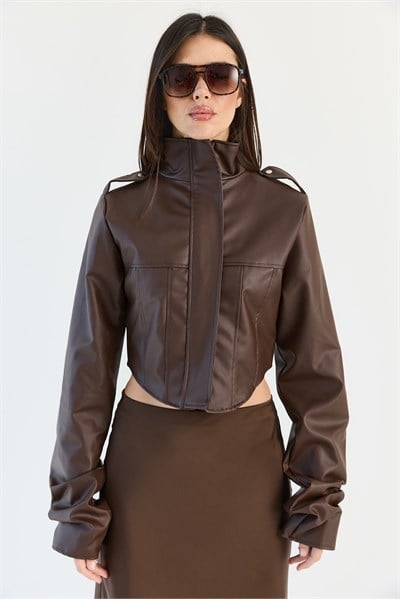 Kadın Korse Detaylı Drape Kollu Crop Suni Deri Ceket 8057 60286527 - Acı Kahve