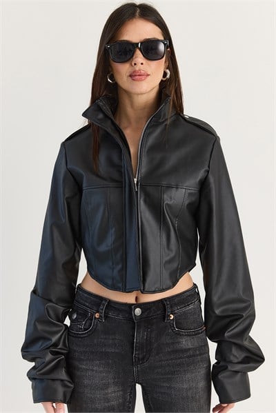 Kadın Korse Detaylı Drape Kollu Crop Suni Deri Ceket 8057 60286527 - Siyah