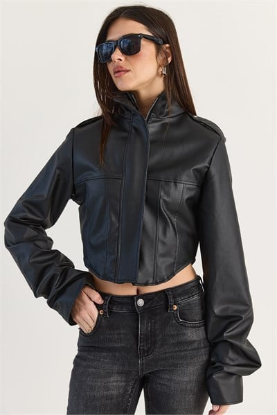 Kadın Korse Detaylı Drape Kollu Crop Suni Deri Ceket 8057 60286527 - Siyah