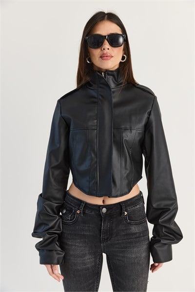 Kadın Korse Detaylı Drape Kollu Crop Suni Deri Ceket 8057 60286527 - Siyah