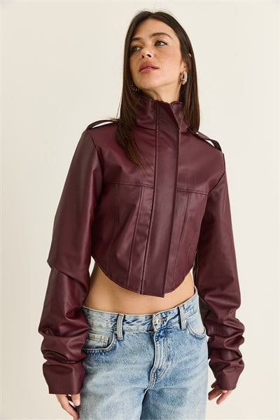 Kadın Korse Detaylı Drape Kollu Crop Suni Deri Ceket 8057 60286527 - Bordo