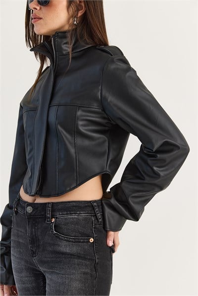Kadın Korse Detaylı Drape Kollu Crop Suni Deri Ceket 8057 60286527 - Siyah