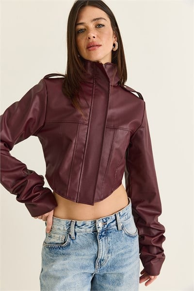 Kadın Korse Detaylı Drape Kollu Crop Suni Deri Ceket 8057 60286527 - Bordo