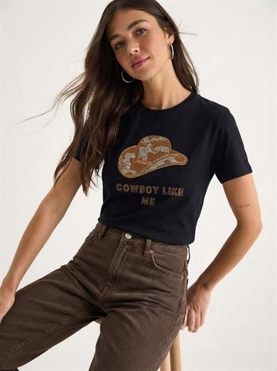 Kadın Kovboy Şapka Nakışlı Boncuk İşlemeli Basic T-Shirt 7581 60283950 - Siyah