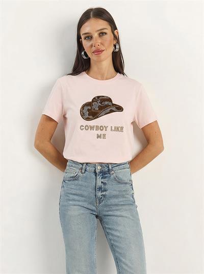 Kadın Kovboy Şapka Nakışlı Boncuk İşlemeli Basic T-Shirt 7581 60283950 - Yavru Ağzı