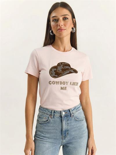 Kadın Kovboy Şapka Nakışlı Boncuk İşlemeli Basic T-Shirt 7581 60283950 - Yavru Ağzı