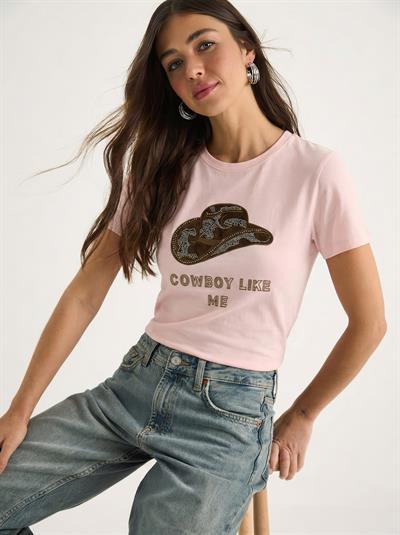 Kadın Kovboy Şapka Nakışlı Boncuk İşlemeli Basic T-Shirt 7581 60283950 - Yavru Ağzı
