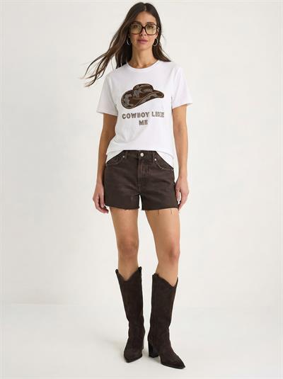 Kadın Kovboy Şapka Nakışlı Boncuk İşlemeli Basic T-Shirt 7581 60283950 - Beyaz