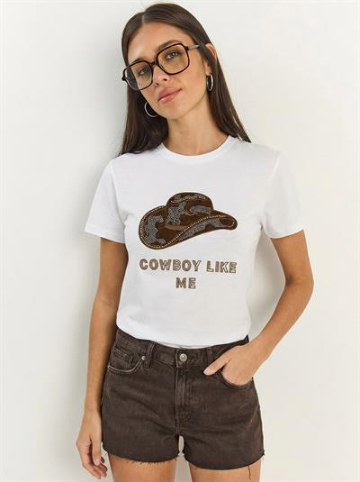 Kadın Kovboy Şapka Nakışlı Boncuk İşlemeli Basic T-Shirt 7581 60283950 - Beyaz