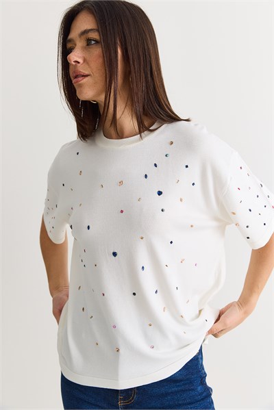Kadın Kristal Taş Baskılı Oversize Merserize Kısa Kollu Bluz 2905 60286568 - Ekru