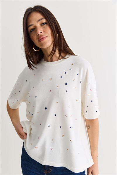 Kadın Kristal Taş Baskılı Oversize Merserize Kısa Kollu Bluz 2905 60286568 - Ekru