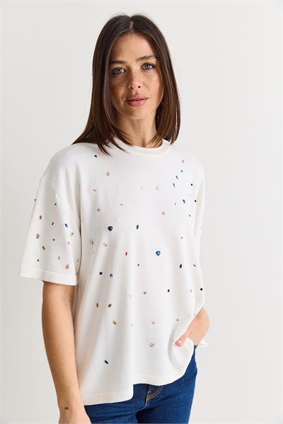 Kadın Kristal Taş Baskılı Oversize Merserize Kısa Kollu Bluz 2905 60286568 - Ekru
