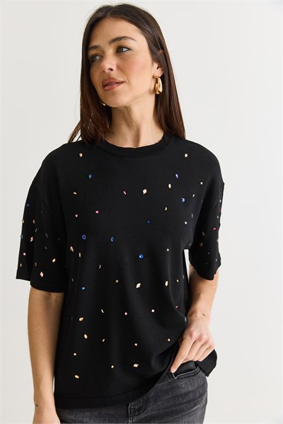 Kadın Kristal Taş Baskılı Oversize Merserize Kısa Kollu Bluz 2905 60286568 - Siyah
