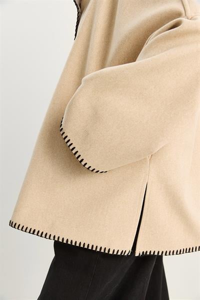 Kadın Kroşeta Detaylı Dik Yaka Cepli Oversize Kaşe Kaban 0317 60283769 - Bej